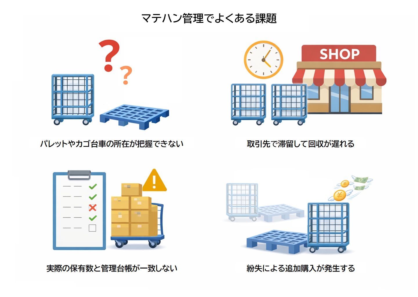 パレットやカゴ台車の紛失・滞留に関する課題